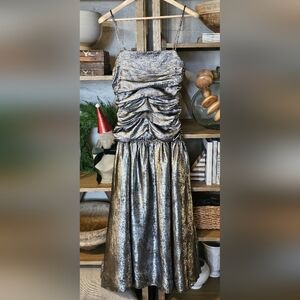 Anthropologie La Maise Studio Foil Ruched Drop-Waist Midi Dress Silver S NWT